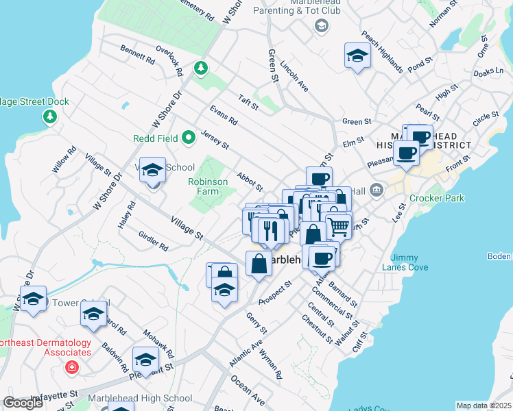 map of restaurants, bars, coffee shops, grocery stores, and more near 8 Jefferson Street in Marblehead