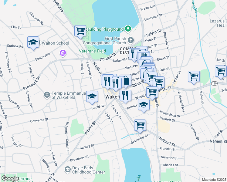 map of restaurants, bars, coffee shops, grocery stores, and more near 39 Tuttle Street in Wakefield