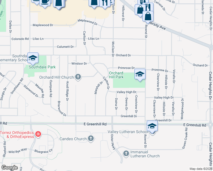 map of restaurants, bars, coffee shops, grocery stores, and more near 3921 Carlton Drive in Cedar Falls