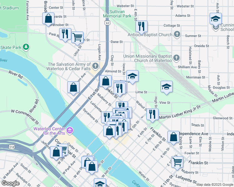 map of restaurants, bars, coffee shops, grocery stores, and more near 323 Franklin Street in Waterloo