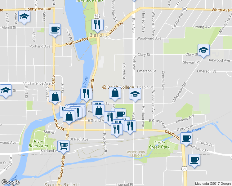 map of restaurants, bars, coffee shops, grocery stores, and more near 635 College Street in Beloit