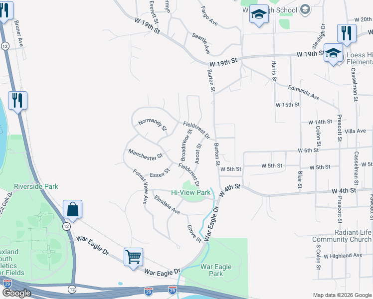 map of restaurants, bars, coffee shops, grocery stores, and more near 616 Broadmoor Street in Sioux City