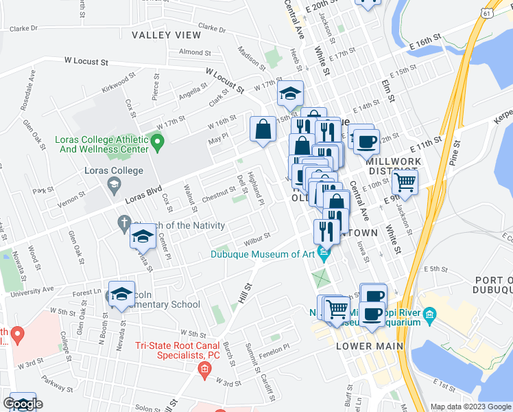 map of restaurants, bars, coffee shops, grocery stores, and more near 1105 Highland Pl in Dubuque