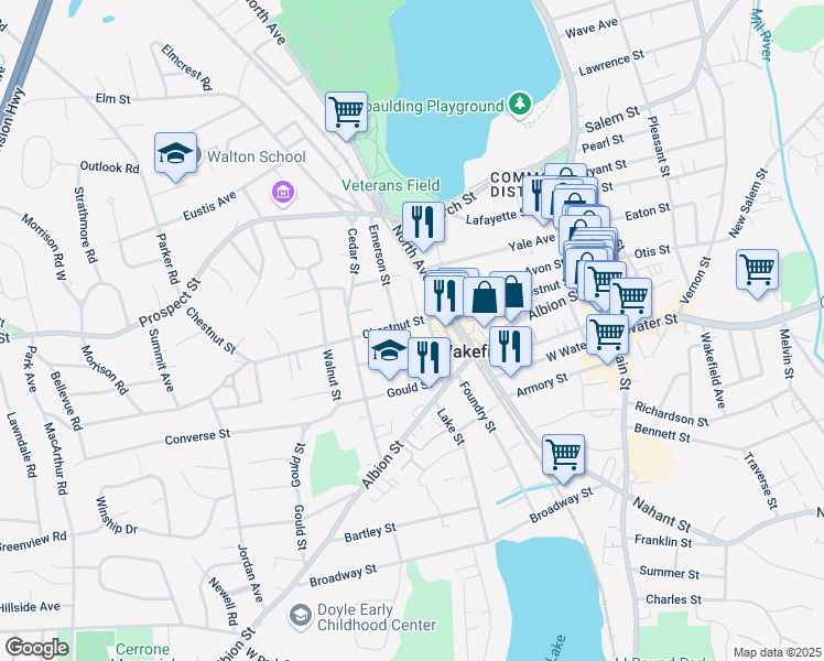 map of restaurants, bars, coffee shops, grocery stores, and more near 46 Chestnut Street in Wakefield