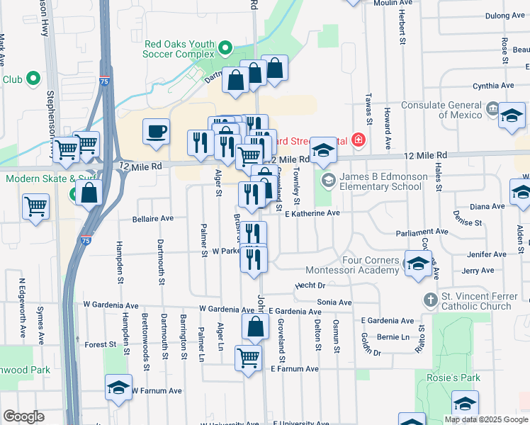 map of restaurants, bars, coffee shops, grocery stores, and more near 28635 John R Road in Madison Heights