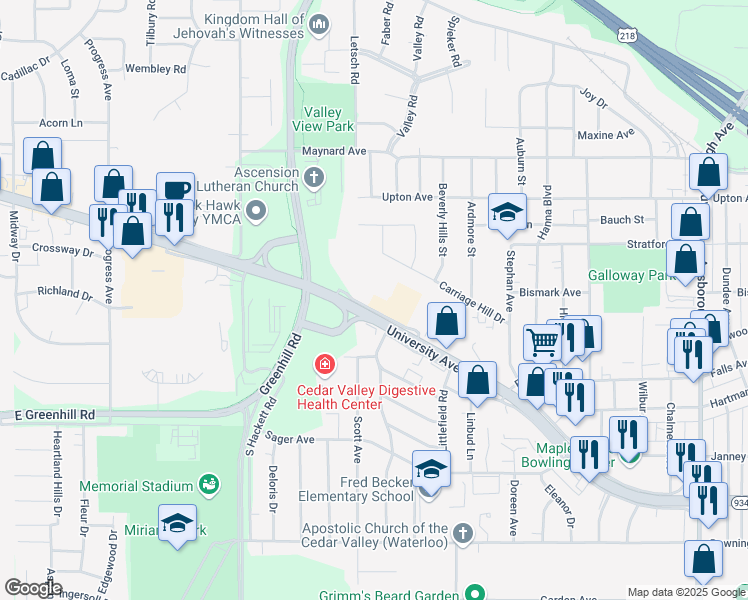 map of restaurants, bars, coffee shops, grocery stores, and more near 3350 Frontage Road in Waterloo