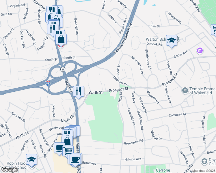 map of restaurants, bars, coffee shops, grocery stores, and more near 195 Prospect Street in Wakefield