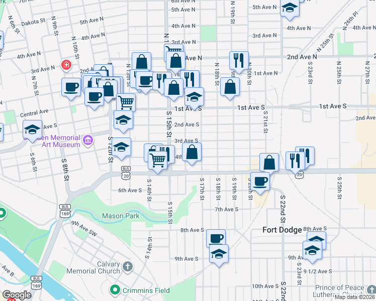 map of restaurants, bars, coffee shops, grocery stores, and more near 319 S 16th St in Fort Dodge