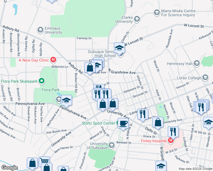 map of restaurants, bars, coffee shops, grocery stores, and more near 1775 Avoca Street in Dubuque