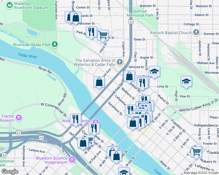 map of restaurants, bars, coffee shops, grocery stores, and more near 107 Lafayette Street in Waterloo