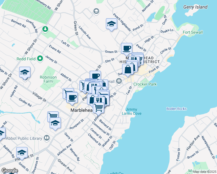 map of restaurants, bars, coffee shops, grocery stores, and more near 5 Nicholson Street in Marblehead