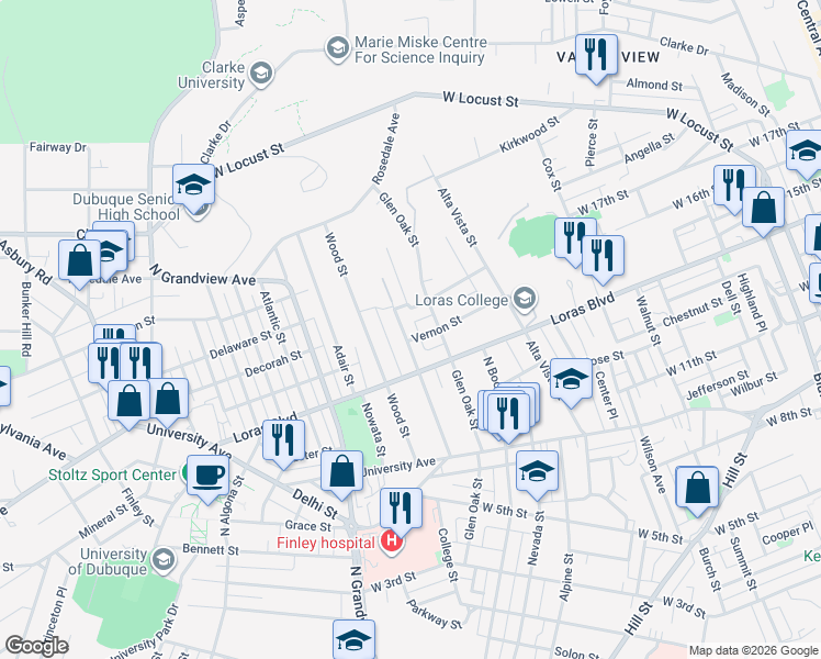 map of restaurants, bars, coffee shops, grocery stores, and more near 1528 Mount Pleasant Street in Dubuque