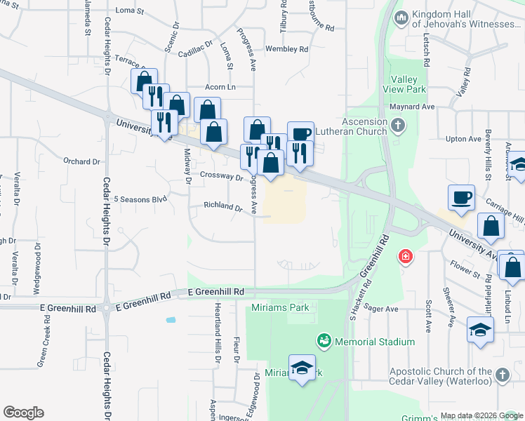 map of restaurants, bars, coffee shops, grocery stores, and more near 751 Progress Avenue in Waterloo