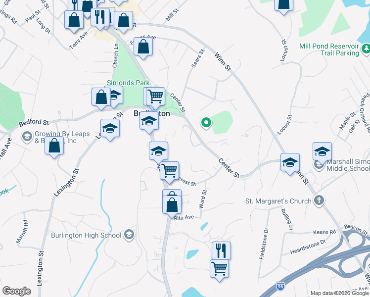 map of restaurants, bars, coffee shops, grocery stores, and more near 1 Farms Drive in Burlington