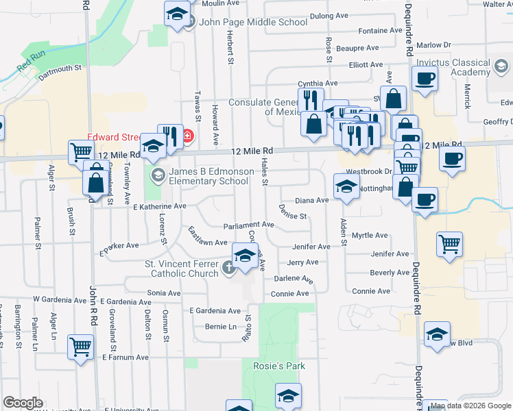 map of restaurants, bars, coffee shops, grocery stores, and more near 28658 Couzens Ave in Madison Heights