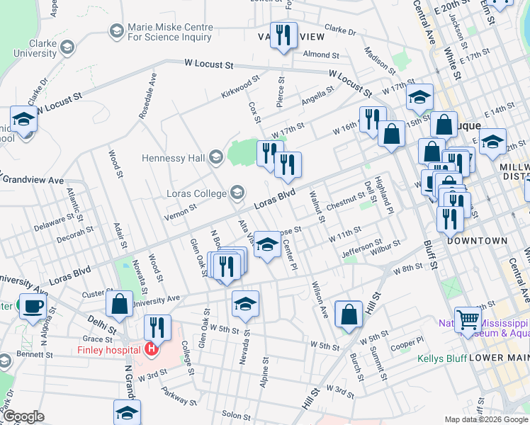 map of restaurants, bars, coffee shops, grocery stores, and more near 1370 Belmont Street in Dubuque