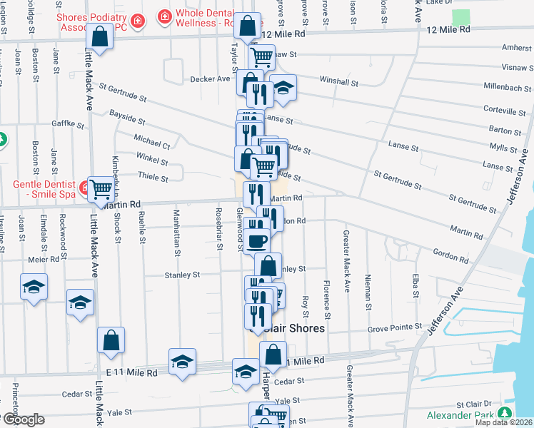 map of restaurants, bars, coffee shops, grocery stores, and more near 28408 Harper Avenue in St. Clair Shores