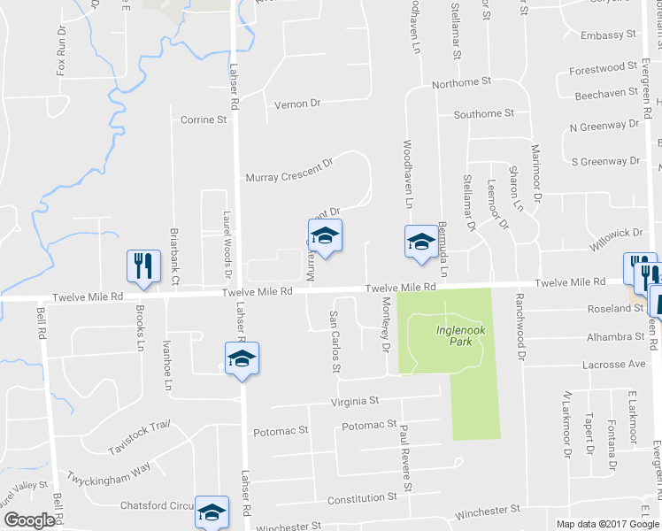 map of restaurants, bars, coffee shops, grocery stores, and more near 21550 W 12 Mile Rd in Southfield