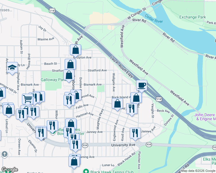 map of restaurants, bars, coffee shops, grocery stores, and more near 707 Magnolia Pkwy in Waterloo
