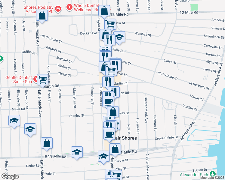 map of restaurants, bars, coffee shops, grocery stores, and more near 28408 Harper Avenue in St. Clair Shores