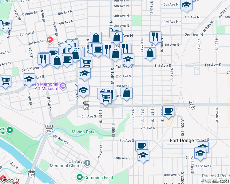 map of restaurants, bars, coffee shops, grocery stores, and more near 315 South 15th Street in Fort Dodge