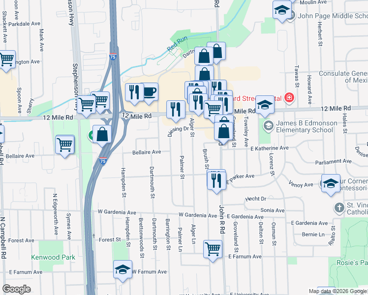 map of restaurants, bars, coffee shops, grocery stores, and more near 28430 Palmer Street in Madison Heights