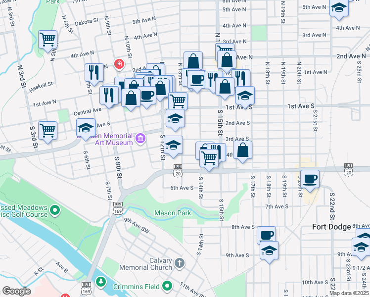 map of restaurants, bars, coffee shops, grocery stores, and more near 317 S 13th St in Fort Dodge