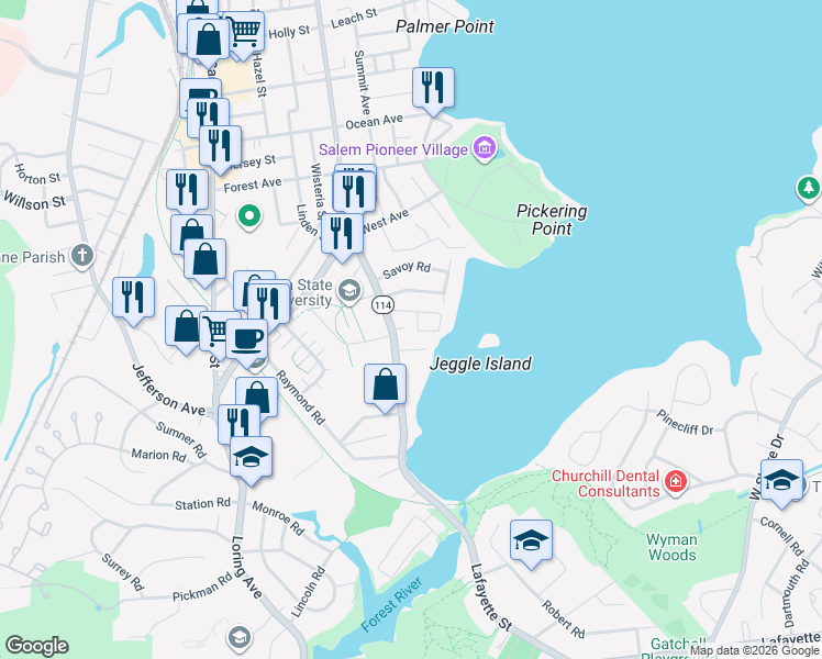 map of restaurants, bars, coffee shops, grocery stores, and more near 31 Fairview Rd in Salem