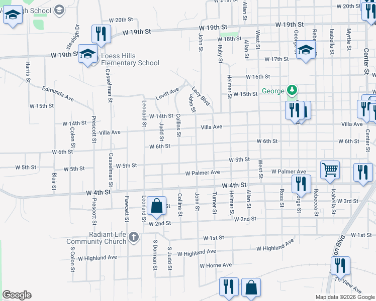 map of restaurants, bars, coffee shops, grocery stores, and more near 2116 West 6th Street in Sioux City
