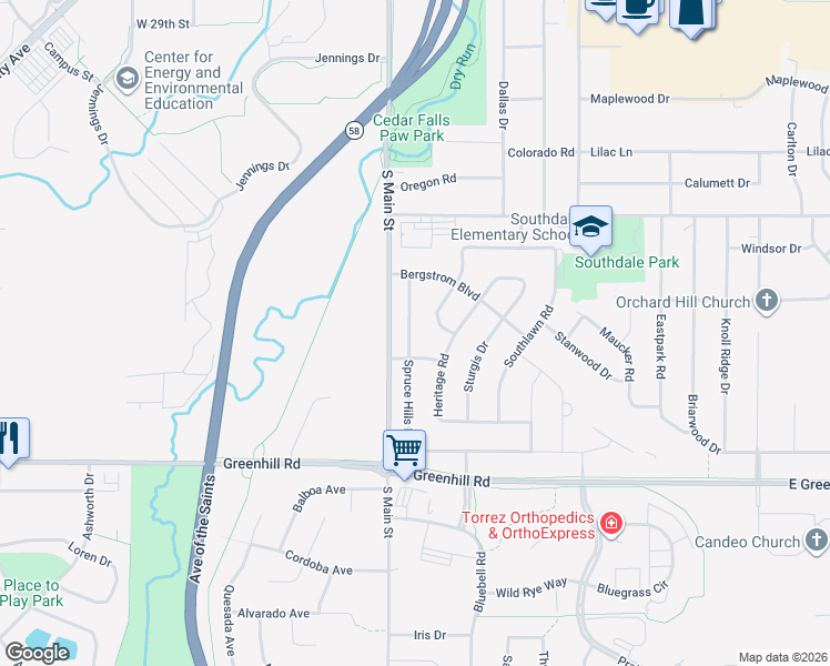 map of restaurants, bars, coffee shops, grocery stores, and more near 3922 Spruce Hills Drive in Cedar Falls