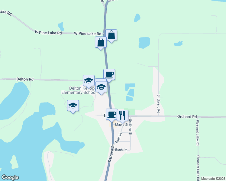 map of restaurants, bars, coffee shops, grocery stores, and more near 330 North Grove Street in Delton