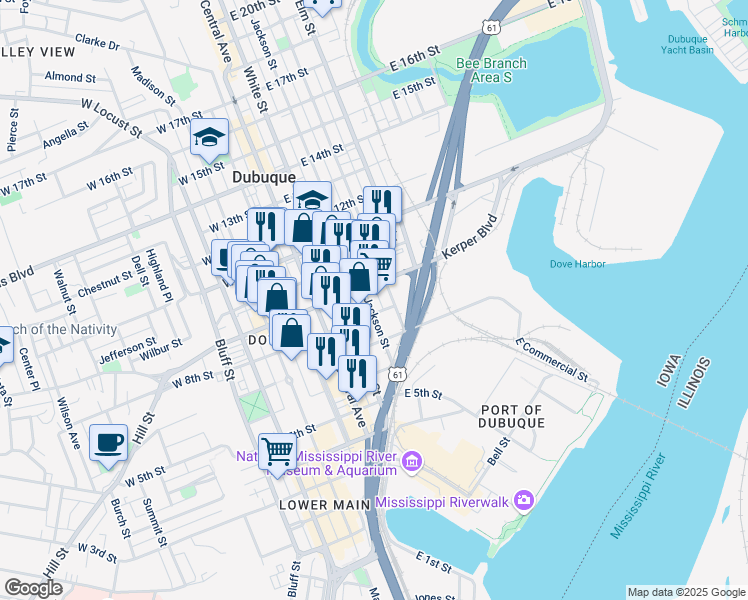 map of restaurants, bars, coffee shops, grocery stores, and more near 850 Jackson Street in Dubuque