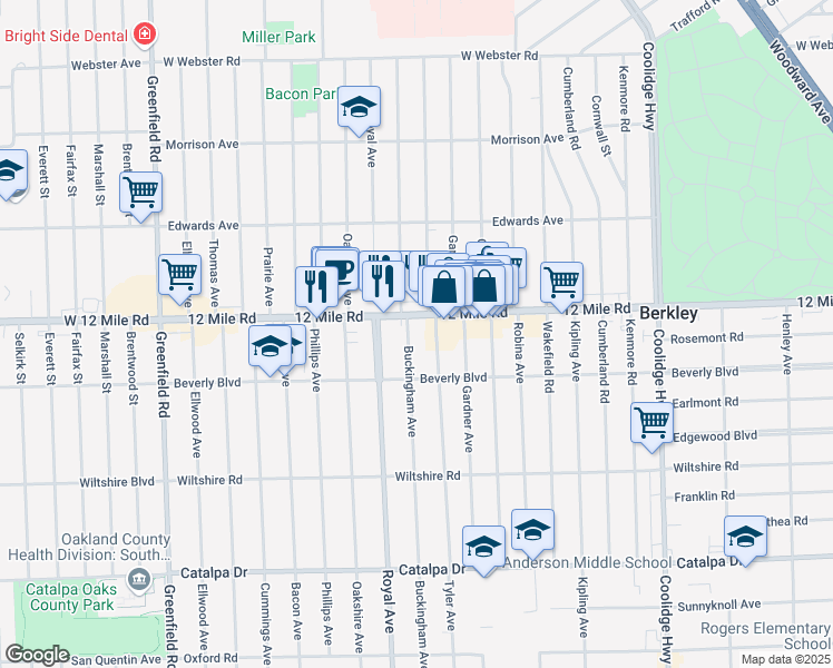map of restaurants, bars, coffee shops, grocery stores, and more near 3342 Buckingham Avenue in Berkley