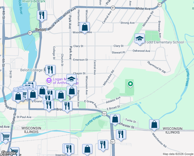 map of restaurants, bars, coffee shops, grocery stores, and more near 635 Central Avenue in Beloit