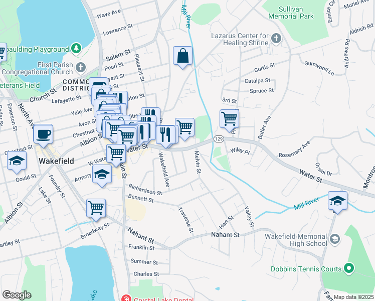 map of restaurants, bars, coffee shops, grocery stores, and more near 149 Water Street in Wakefield