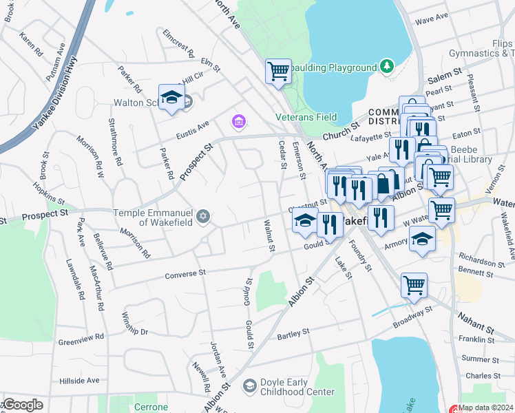 map of restaurants, bars, coffee shops, grocery stores, and more near 3 Fairmount Terrace in Wakefield