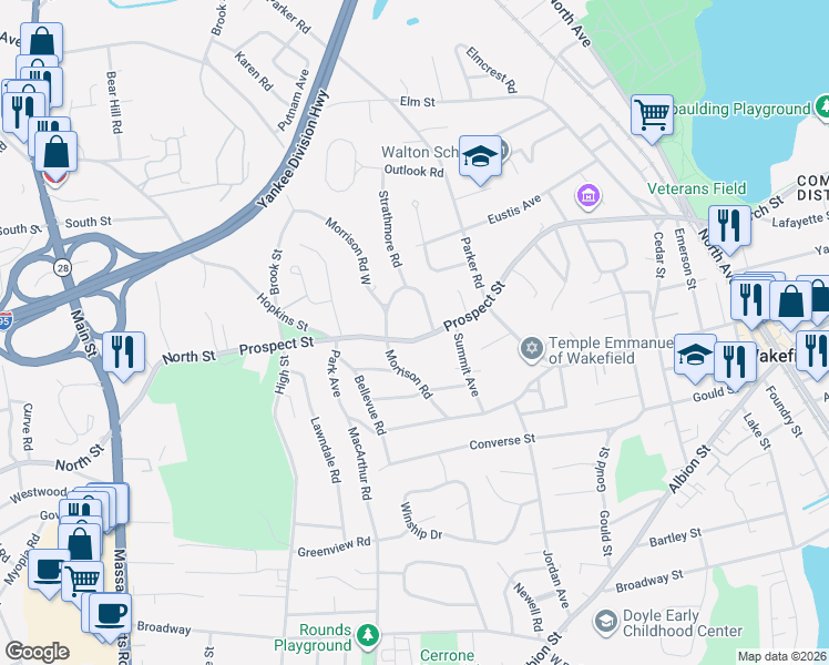 map of restaurants, bars, coffee shops, grocery stores, and more near 131 Prospect Street in Wakefield