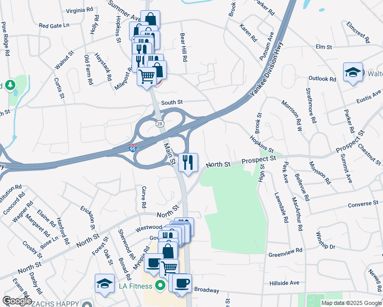 map of restaurants, bars, coffee shops, grocery stores, and more near 1 Pope Street in Wakefield