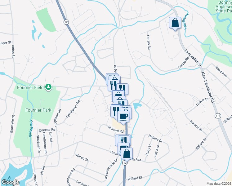 map of restaurants, bars, coffee shops, grocery stores, and more near 739 Central Street in Leominster