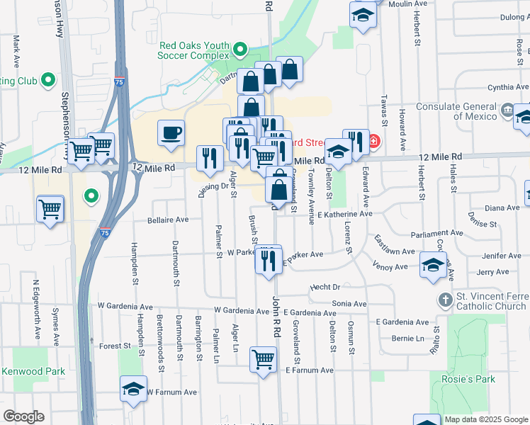 map of restaurants, bars, coffee shops, grocery stores, and more near 28635 John R Road in Madison Heights