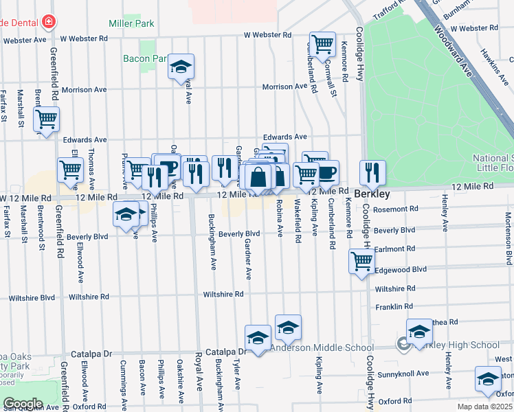 map of restaurants, bars, coffee shops, grocery stores, and more near 3324 Griffith Avenue in Berkley