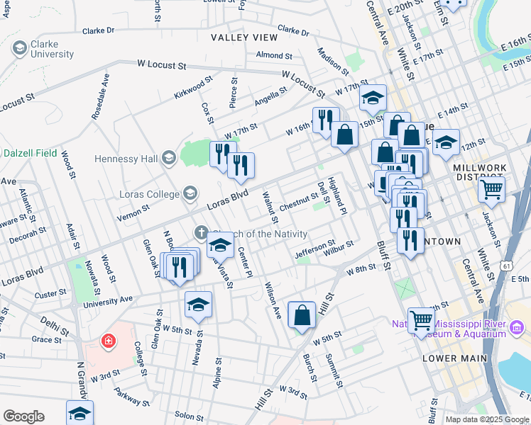 map of restaurants, bars, coffee shops, grocery stores, and more near 1251 Walnut Street in Dubuque
