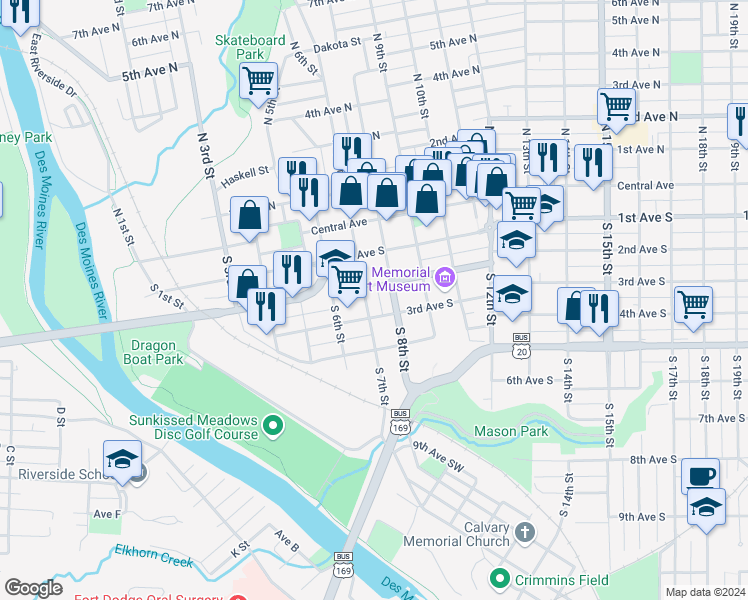 map of restaurants, bars, coffee shops, grocery stores, and more near 209 South 7th Street in Fort Dodge