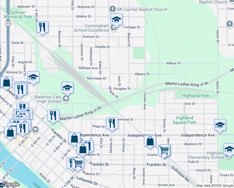 map of restaurants, bars, coffee shops, grocery stores, and more near 117 Ash Street in Waterloo