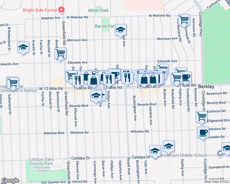 map of restaurants, bars, coffee shops, grocery stores, and more near 3357 Oakshire Ave in Berkley