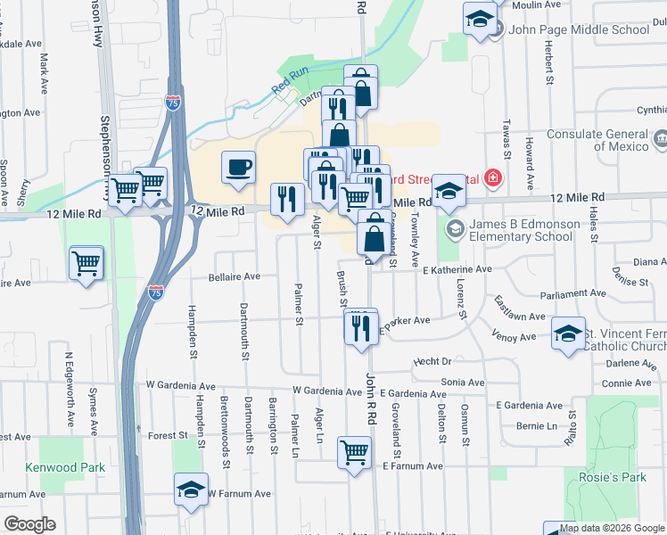 map of restaurants, bars, coffee shops, grocery stores, and more near 28447 Brush Street in Madison Heights