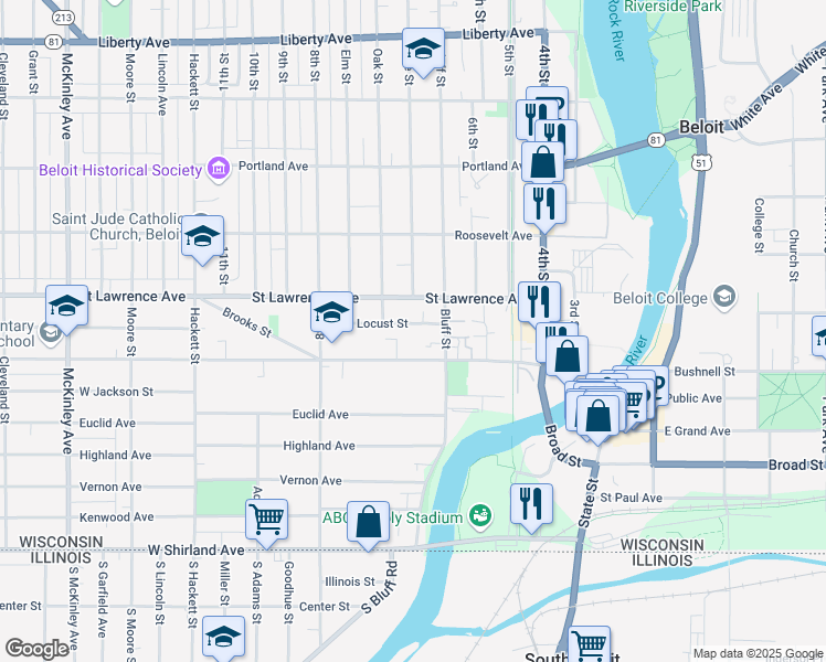 map of restaurants, bars, coffee shops, grocery stores, and more near 330 Locust Street in Beloit