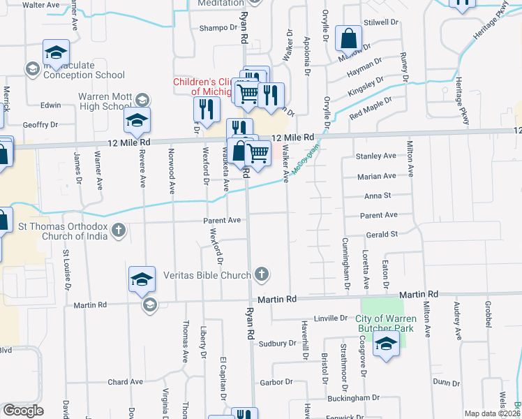 map of restaurants, bars, coffee shops, grocery stores, and more near 28530 Ryan Road in Warren