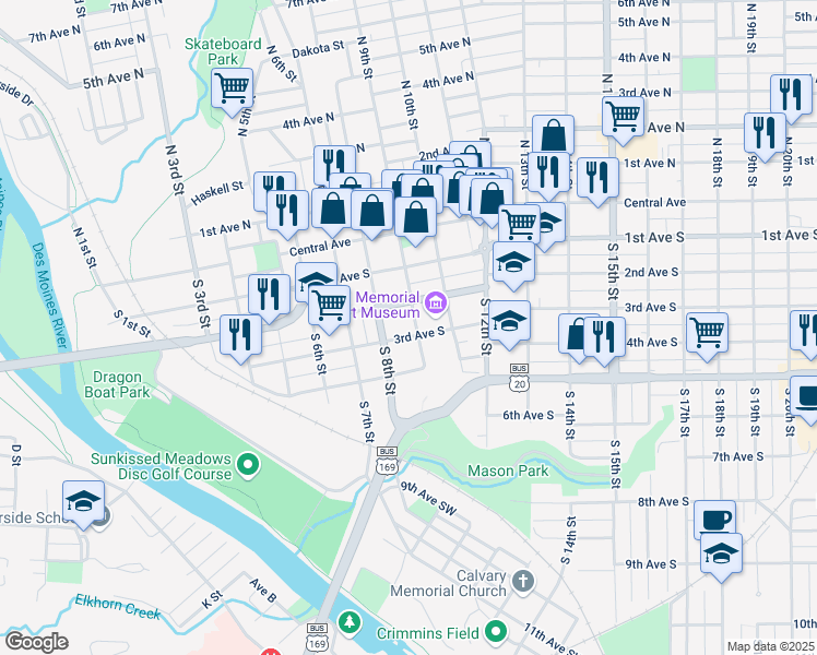 map of restaurants, bars, coffee shops, grocery stores, and more near 824 3rd Avenue South in Fort Dodge