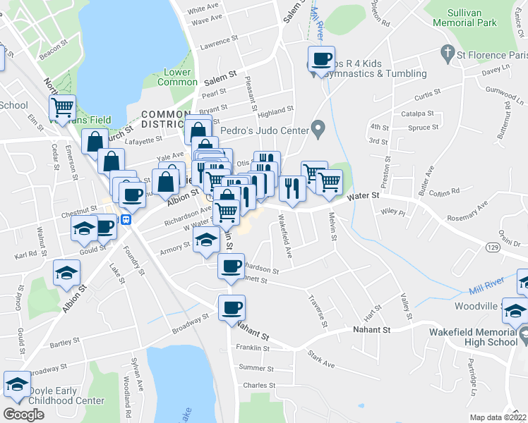 map of restaurants, bars, coffee shops, grocery stores, and more near 213 Water Street in Wakefield